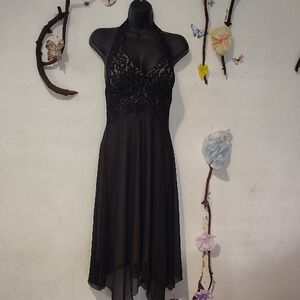 SL Fashions Black Halter Lace High-Low Dress with Chiffon Skirt